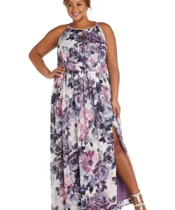 R & M Richards 1Pc Floral Print Clip Chiffon Cut Away Halter Dress