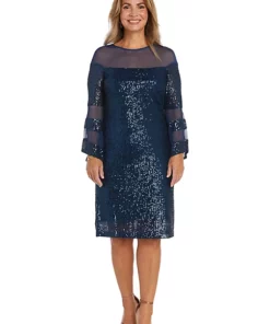 R & M Richards 1Pc Short Illusion Sequin Bodice And Bell Sleeve Dress