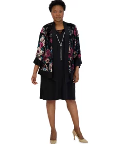 R & M Richards 2Pc Velvet Floral Burnout Out Jacket Dress With Necklace
