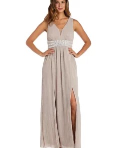 R & M Richards 1Pc Long V Neck Gown With Rhinestone Waist And Double Slit Skirt -R & M Richards Shop Belk 162