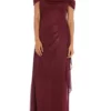 R & M Richards Women's Cold Shoulder Side Ruch Sparkle Long Dress
