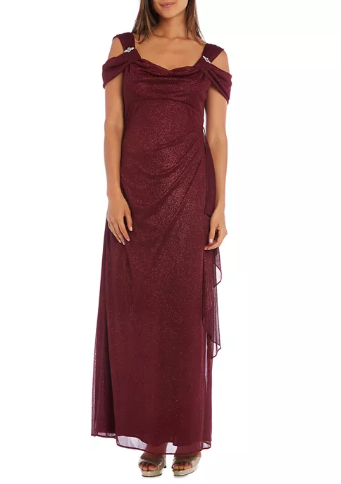 R & M Richards Women's Cold Shoulder Side Ruch Sparkle Long Dress 5 R & M Richards Women's Cold Shoulder Side Ruch Sparkle Long Dress - Image 3