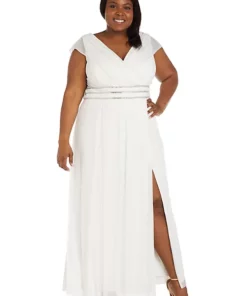 R & M Richards 1Pc Portrait Collar Dress With Rhinestone Waist Detail