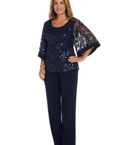 R & M Richards 2Pc Scoop Neck With Butterfly Sleeve Sequin Tunic And Ity Pant Se