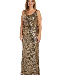 R & M Richards Long Beaded Dress With Contrast Beaded Diamond Motiff