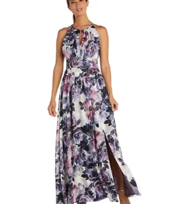 R & M Richards 1Pc Floral Print Clip Chiffon Cut Away Halter Dress