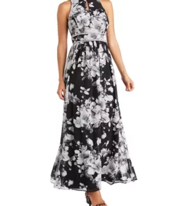 R & M Richards Women's Long Printed Chiffon Halter Dress