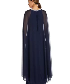 R & M Richards 1Pc Long Sheath Dress With Rhinestone Neck And Chiffon Cape