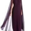 R & M Richards 1Pc Long Sheath Dress With Beaded Jewel Neck And Long Cape