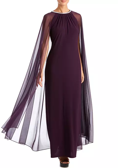 R & M Richards 1Pc Long Sheath Dress With Beaded Jewel Neck And Long Cape 3 R & M Richards 1Pc Long Sheath Dress With Beaded Jewel Neck And Long Cape