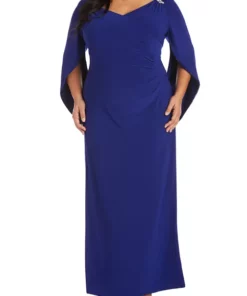 R & M Richards 1Pc Long V Neck Gown With Rhinestone Waist And Double Slit Skirt