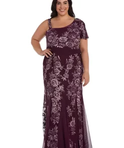 R & M Richards 1 Pc Long One Shoulder Emb Sequin Dress With Godet Skirt