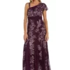R & M Richards 1 Pc Long One Shoulder Emb Sequin Dress With Godet Skirt