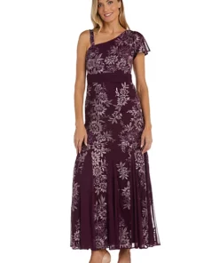 R & M Richards 1 Pc Long One Shoulder Emb Sequin Dress With Godet Skirt