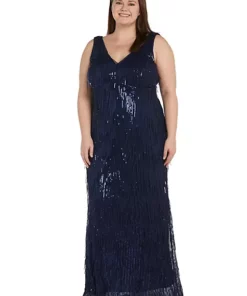 R & M Richards 1Pc Long Emb Sequin Fringe Shimmy Dress