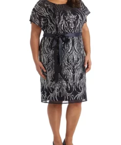 R & M Richards Plus Size Two Tone Embellished Sequin Butterfly Sleeve Dress