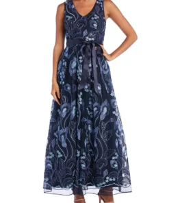 R & M Richards Petite All Over Long Embroidered Lace Sleeveless V-Neck Dress with Sash