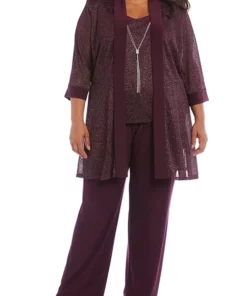 R & M Richards Plus Size 2 Piece Metallic Knit Round Neck Top and Pants Set